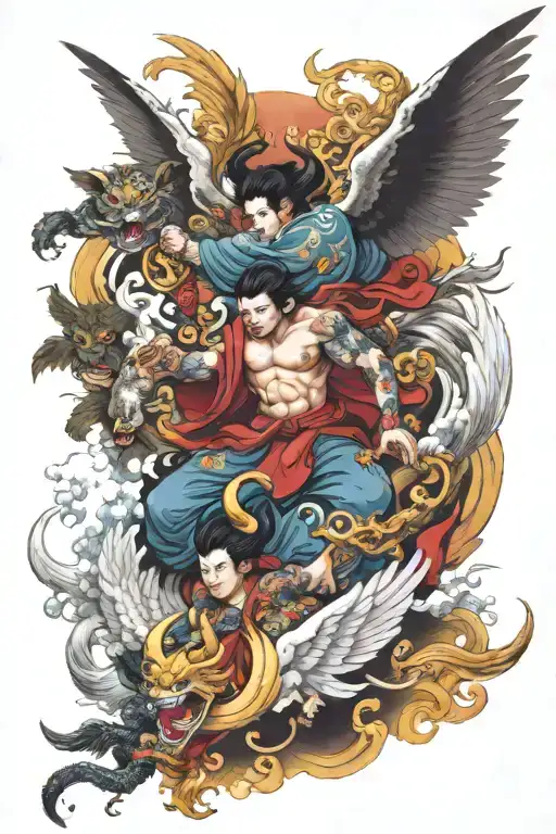 heaven with angels fighting demons tattoo design idea