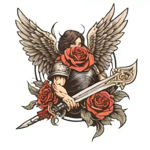 dark angel holding a sword with a rose tattoo design idea