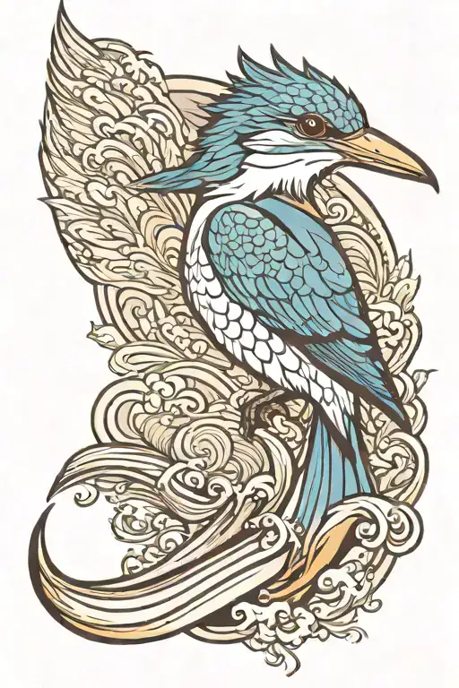 kingfisher bird with ocean wave behind it tattoo design idea