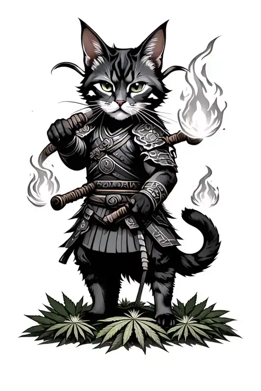 samurai warlock cat, wielding fireballs in a cannabis plantation tattoo design idea
