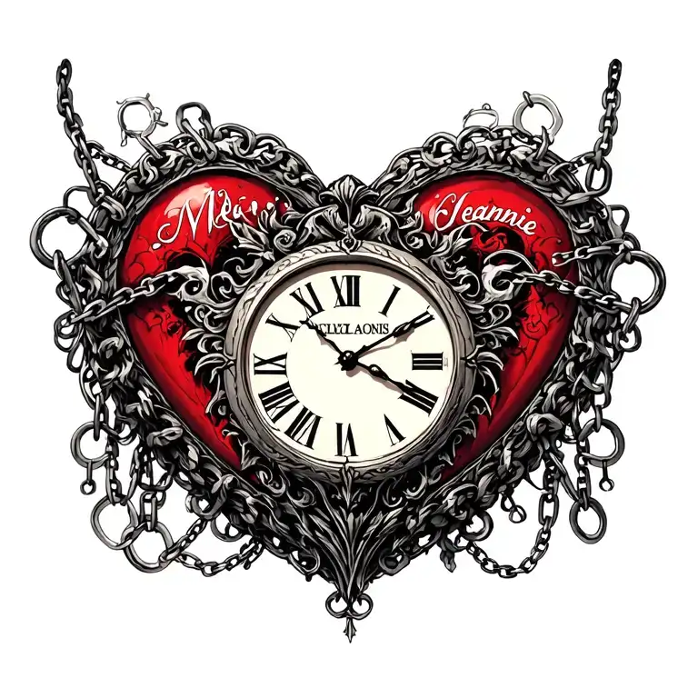 "Mélanie" clock Coeur chain tattoo design idea