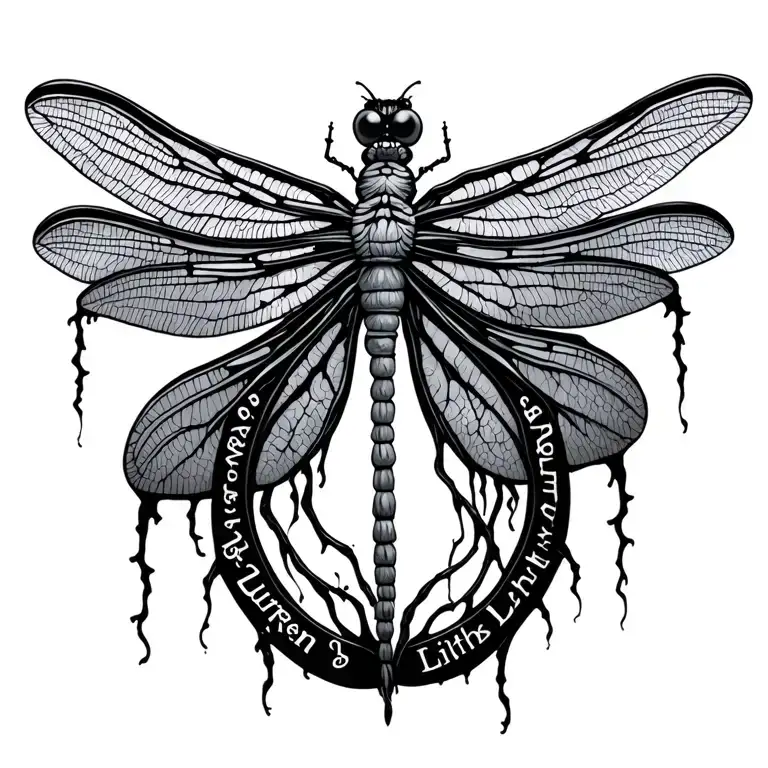 dragonfly with the words "Lauren" and "Lilith" woven into the veins in the wings tattoo design idea