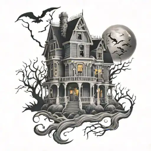 spooky haunted house tattoo design idea