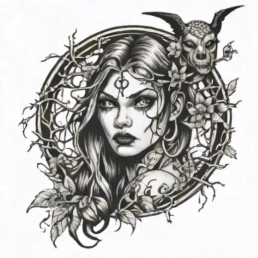Sexy, serious demon girl against the background of branches tattoo design idea