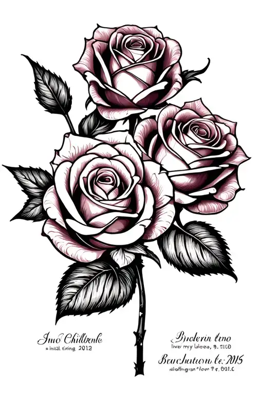 three roses in a tribal design, with birthdates integrated into the design - two live roses for my living children tattoo design idea