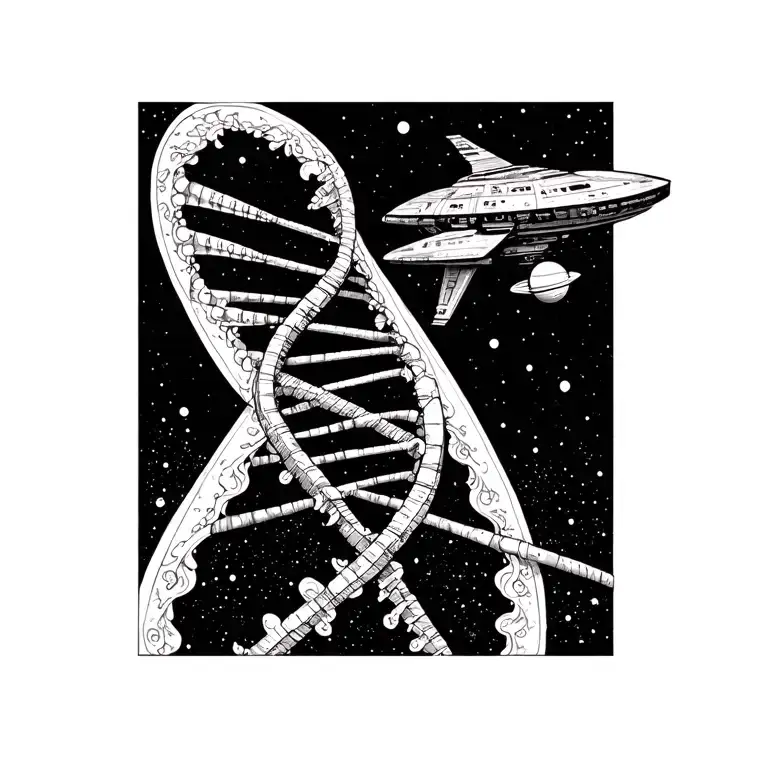 A DNA double helix merging with a futuristic spaceship, symbolizing the connection between science and technology in space exploration tattoo design idea