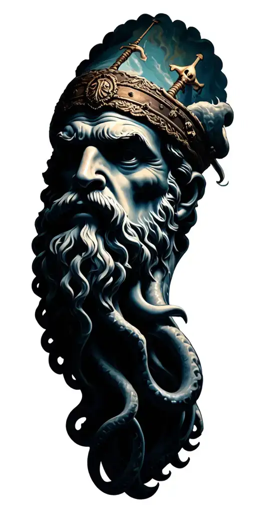 fotorealistic head of poseidon combined with pirateship and kraken tattoo design idea