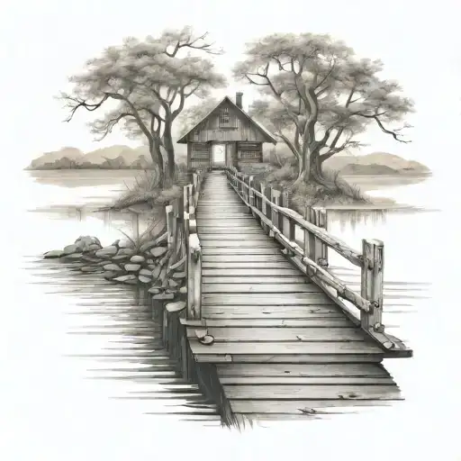 wooden bridge ove lake looking tattoo design idea