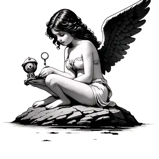 Teenage femal angel sitting on rock head down playing with a small toy rattle tattoo design idea