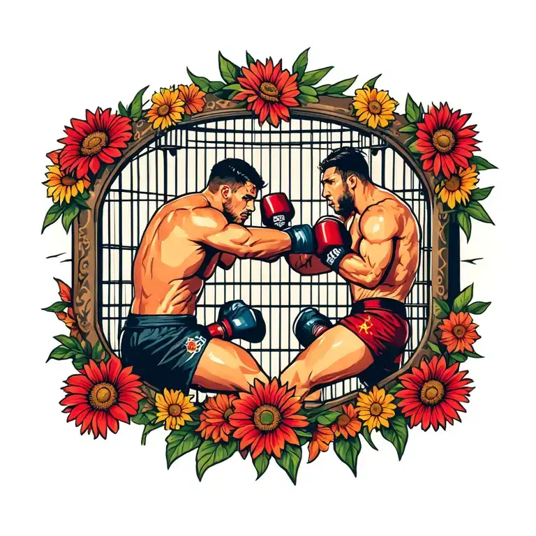 old schoolAmerican traditional style MMA FIGHTERS in a cage fighting with flowers around the border of the tattoo tattoo design idea