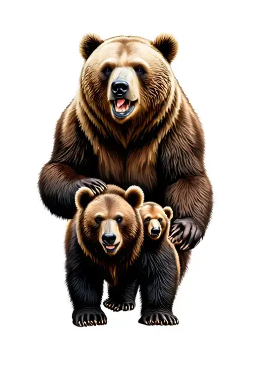 ferocious grizzly bear with momma bear and cub surrounded tattoo design idea