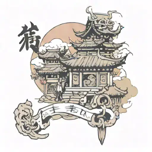 background chinese ruins, image of main character, anime takii ghoul, and inscription one love tattoo design idea