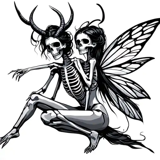 Geometric skeleton tattoo sketch of fairies with horns tattoo design idea