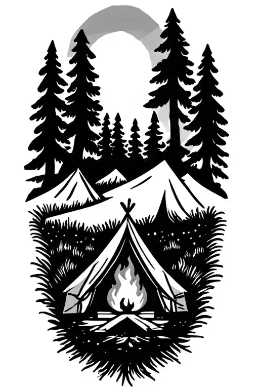 Simple tattoo of camping and fire that is bright next to the tent tattoo design idea