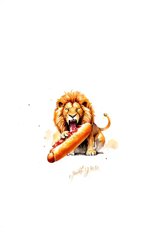 Enraged lion eating Hot Dog tattoo design idea