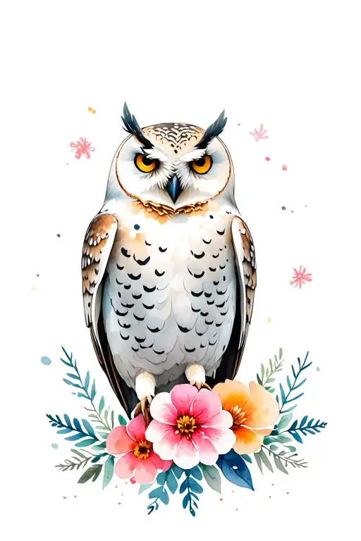 snow owl and flowers blooming tattoo design idea