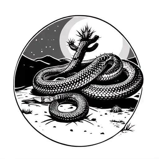 spikey cactus with rattle snake in the moonlight  tattoo design idea
