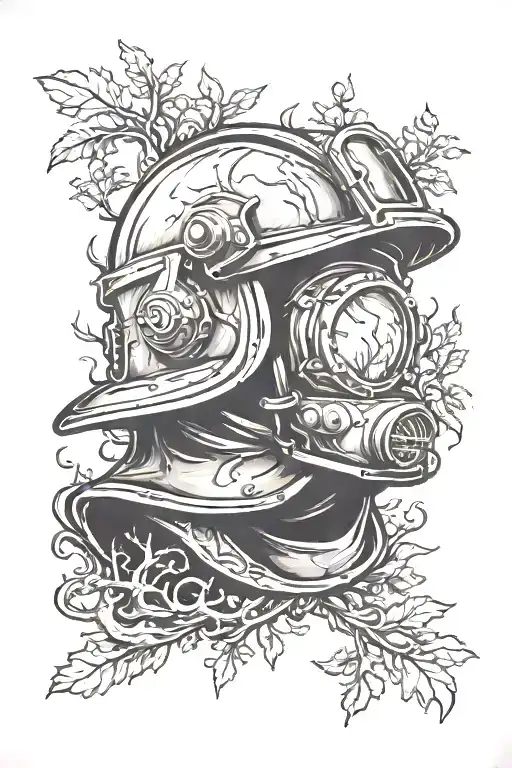 woods surrounding fire helmet in memory tattoo tattoo design idea