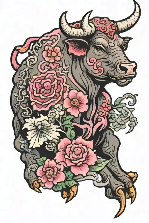 pink beefy bull Japanese style tattoo design idea