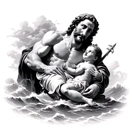 saint Christopher carring baby Jesus through a storm tattoo design idea
