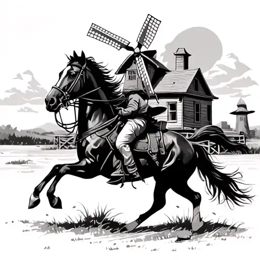 cowboy on a horse running old house in the background with windmill tattoo design idea