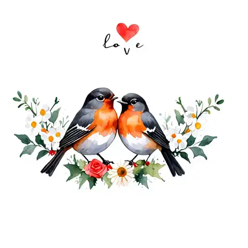 2 robin bird together symbolizing love black grey and orange with snowdrop, holly, roses, daisies, narcissus, daffodils  tattoo design idea