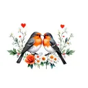 2 robin bird together symbolizing love black grey and orange with snowdrop, holly, roses, daisies, narcissus, daffodils  tattoo design idea