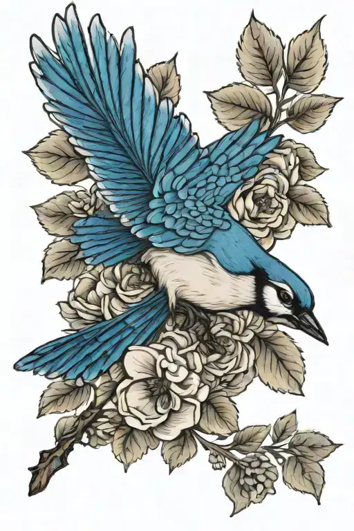 blue jay bird flying, larkspur flower tattoo design idea