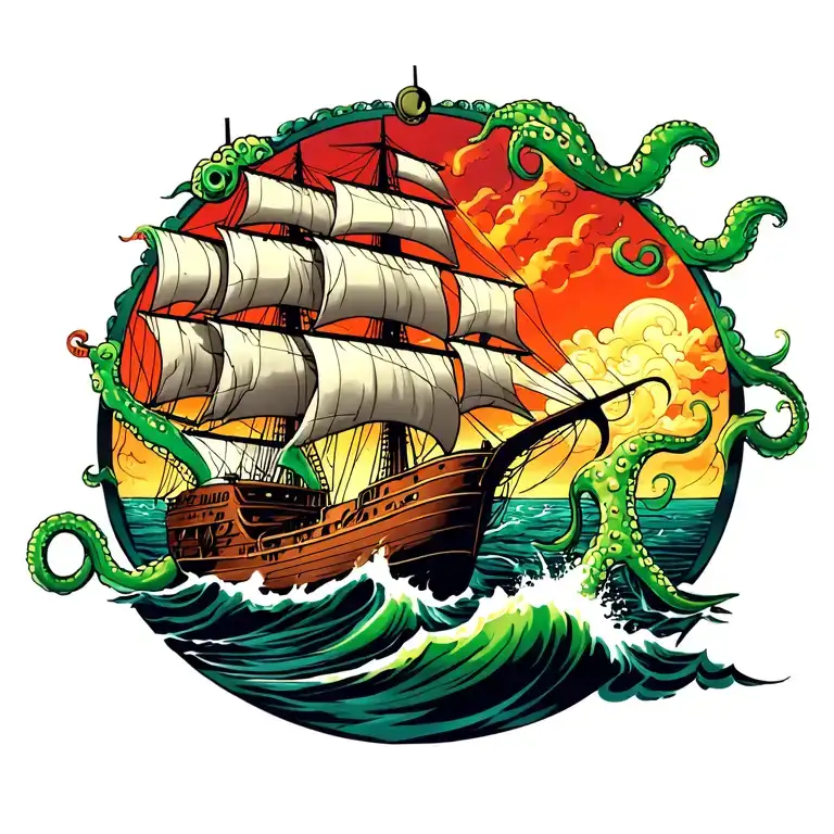 cthulu breaking ship sailing through storm tattoo design idea