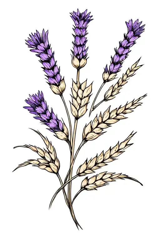 lavendar, echinacea and rye wheat stalk intertwined tattoo design idea