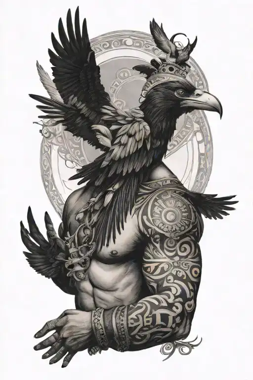 Tattoo of the sleeve of the whole arm Indian with a blindfold and crows around and ornaments in a circle tattoo design idea