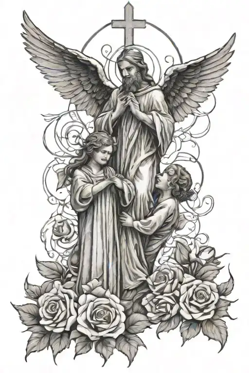 rays of son, 2 angels hugging, 2 crosses, with roses at the bottom, and someone praying to the crosses  tattoo design idea