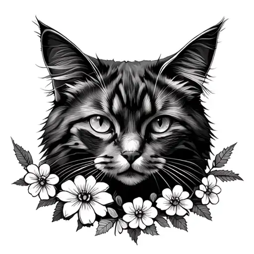Norwegian forest cat outline with flowers inside tattoo design idea