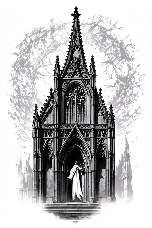 gothic cathedral with reaper standing tattoo design idea