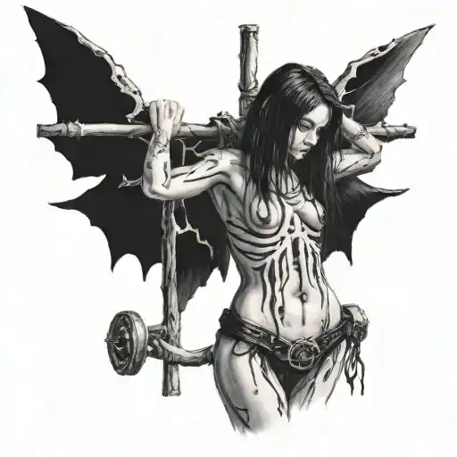 crucified goth girl with no legs, intestines hanging out and ribs poking out tattoo design idea