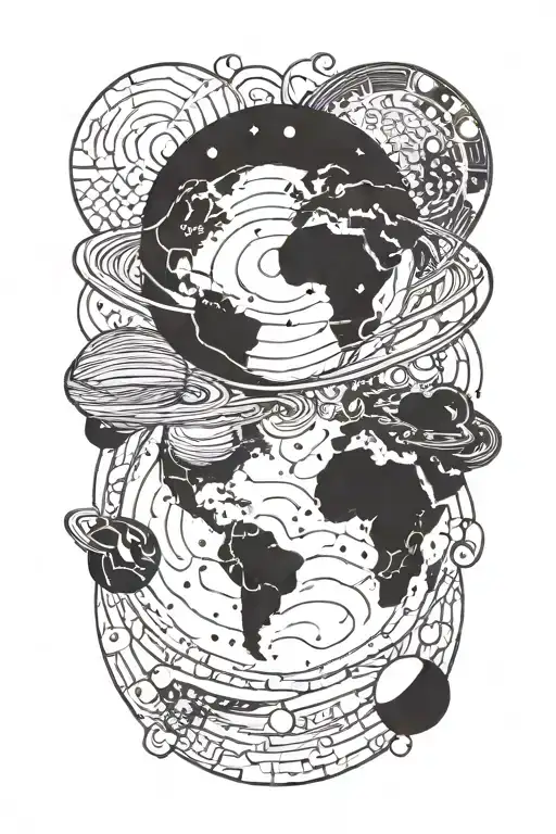 spinning  galaxy and planets on one side and the earth tattoo design idea