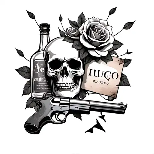 skull with roses and liquor bottle and gun with broken sign tattoo design idea
