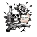 skull with roses and liquor bottle and gun with broken sign tattoo design idea