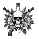 skull with roses and liquor bottle and gun with broken sign tattoo design idea