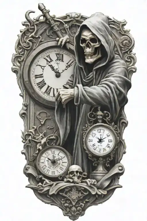 The statue of the death reaper in a hoodie points to an antique clock tattoo design idea