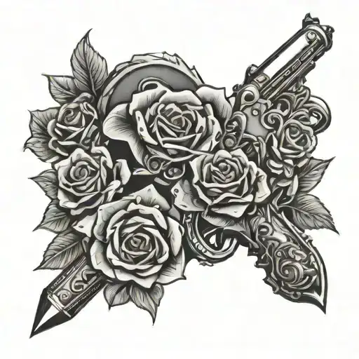western themed forearm tattoo with, guns, money, roses and thorns with shading  tattoo design idea