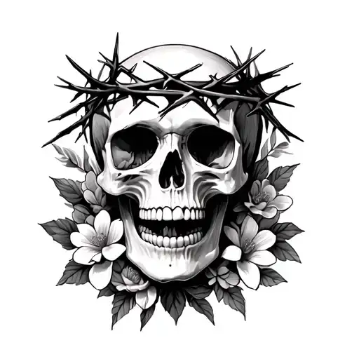 skull wearing crown of thorns and surrounded by flowers  tattoo design idea