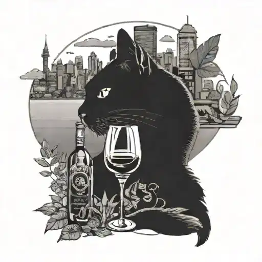 A silhouette of a cat playing with a wine glass, with a backdrop of the New Zealand skyline, reflecting the client's favorite things and travel destinations tattoo design idea