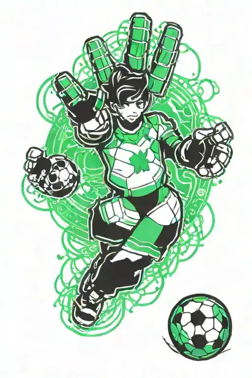 soccer goalie gloves holding a soccer ball with the outline of the soccer ball being a heartbeat. Then teal, green glitt tattoo design idea