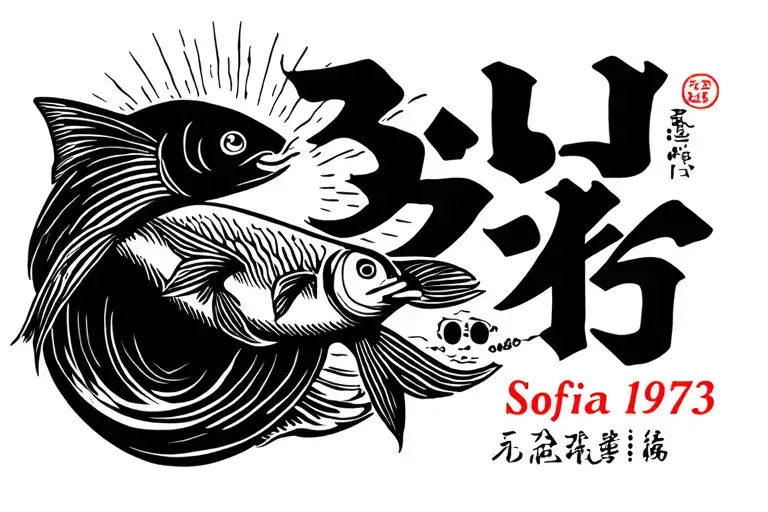 The sea and sun background, with Sofia writing in Japanese, 1973 in Roman numerals, put the symbol of fish and a fish tattoo design idea