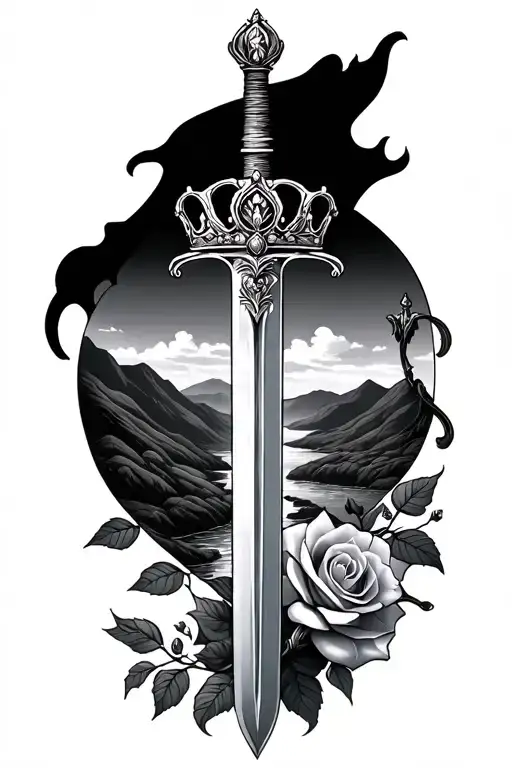 river, hills, rose, sword, tiara, crown tattoo design idea