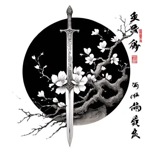 sword and cheery blossom with name cynthia in chinese tattoo design idea