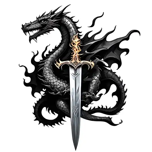 dragon wrapped around a sword with flames tattoo design idea