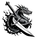 dragon wrapped around a sword with flames tattoo design idea