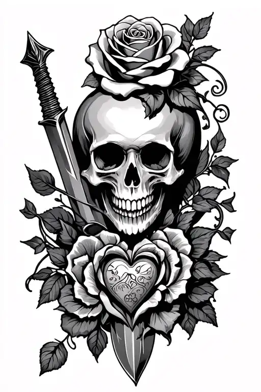 Ghost skull, rose and dagger wwith heart tattoo design idea